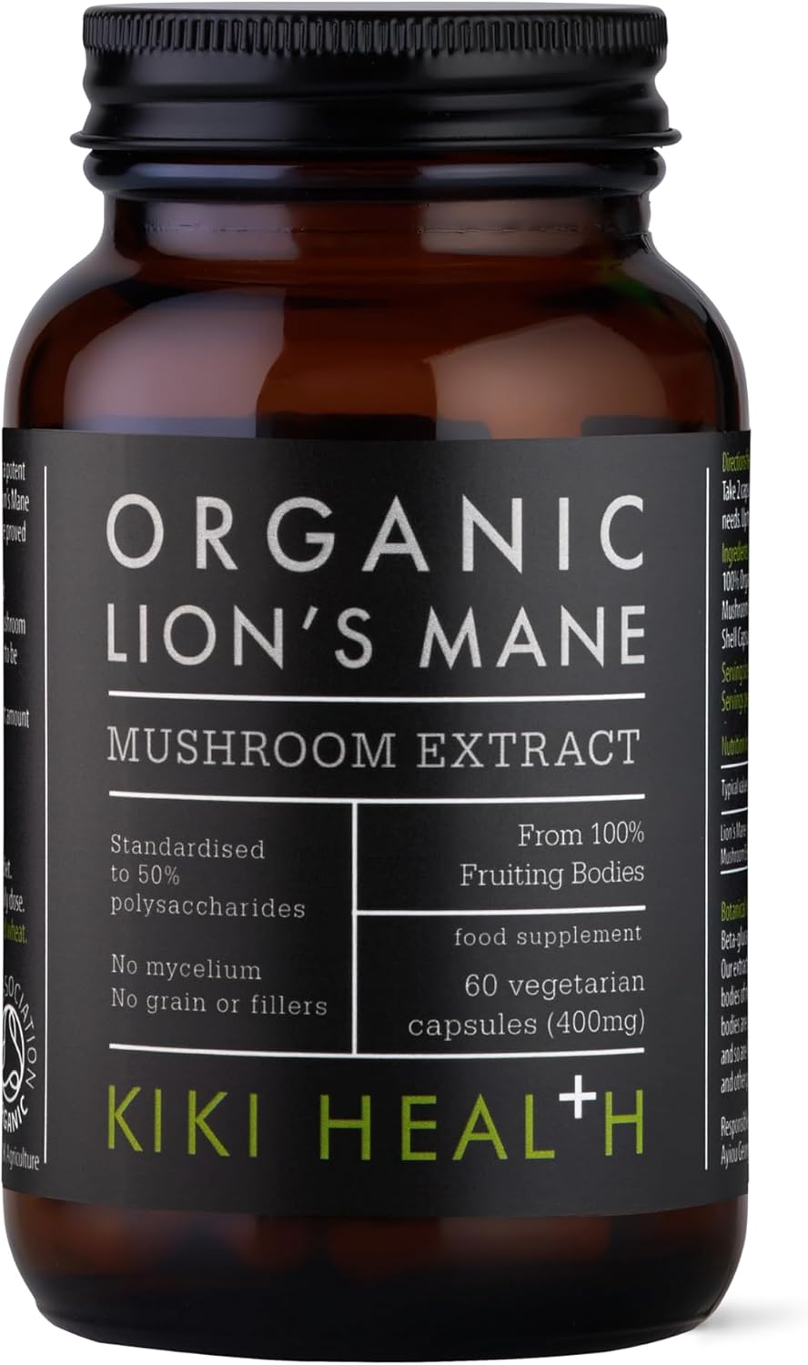 Front image: KIKI Health organic lion’s mane mushroom extract vegetarian capsules bottle 60 count
