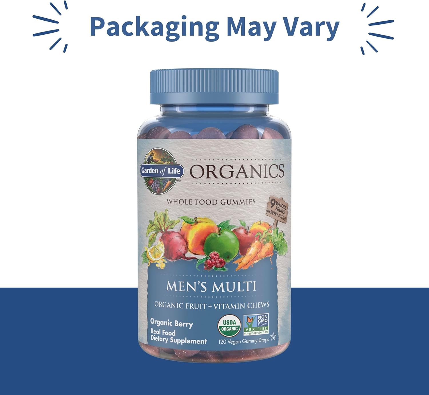 Garden of Life Organics Men's Berry Gummy Vitamins bottle, 120 count.