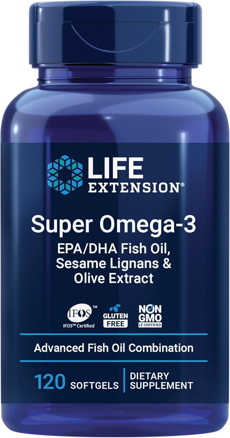 Front of Life Extension Super Omega-3 Fish Oil bottle with softgels, on white background.