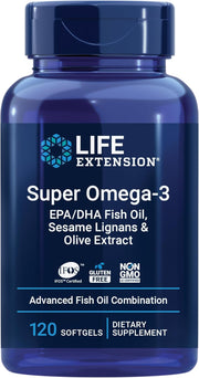 Front of Life Extension Super Omega-3 Fish Oil bottle with softgels, on white background.