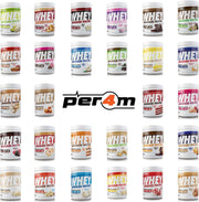 Multiple containers of whey protein powder with Per4m logo.