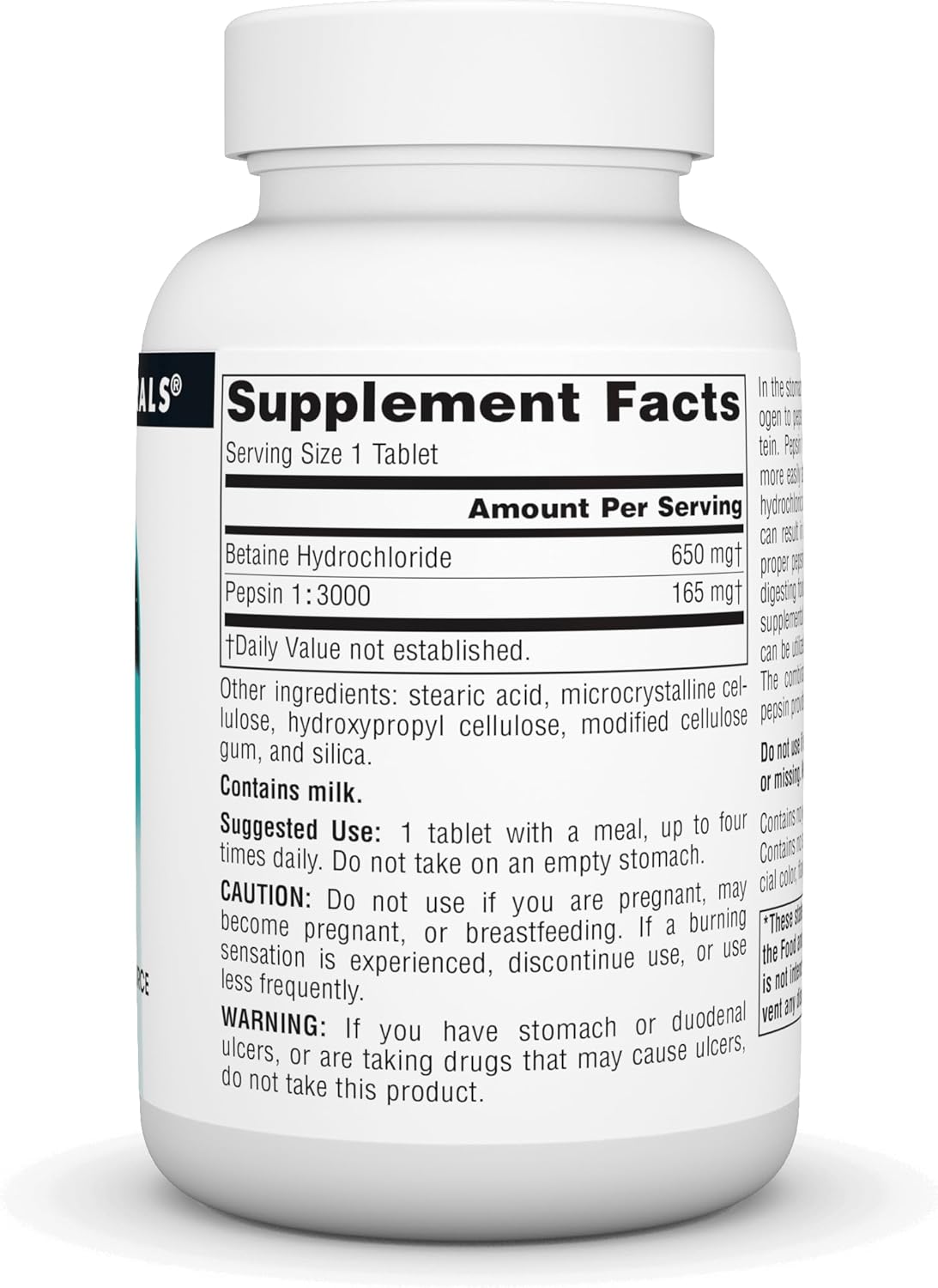 Supplement facts & ingredients image: Source Naturals Betaine HCL 650mg with pepsin tablets ingredient panel 90 count