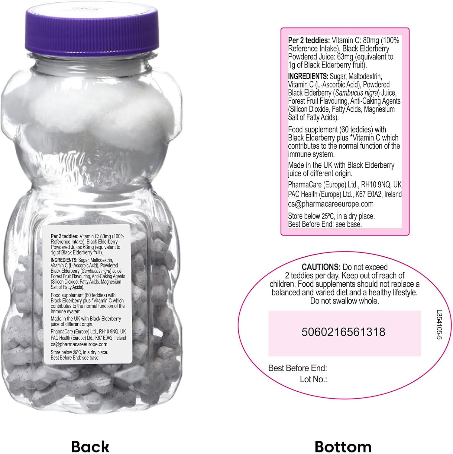 Supplement bottle with label showing ingredients, directions, and contact information.
