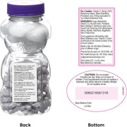 Supplement bottle with label showing ingredients, directions, and contact information.