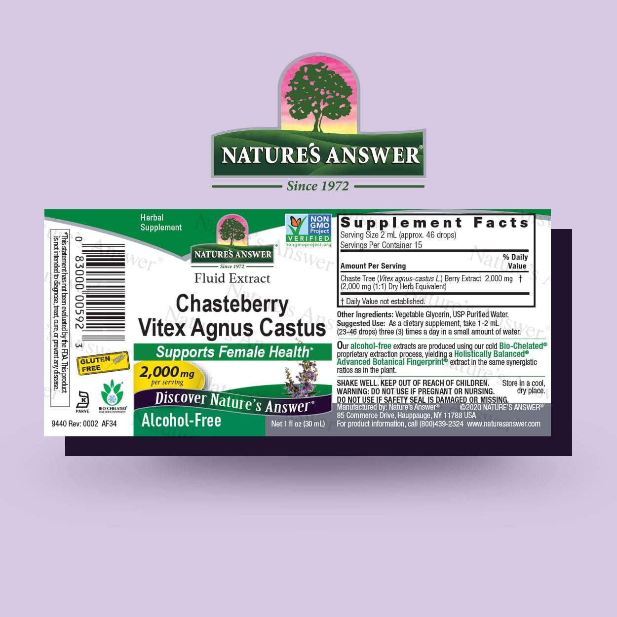 Supplement label for Natures Answer Chasteberry Vitex Agnus Castus on a light purple background