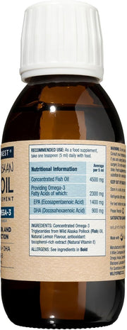 Supplement facts & ingredients image: Wiley’s Finest Wild Alaskan fish oil ingredient panel bottle 125ml