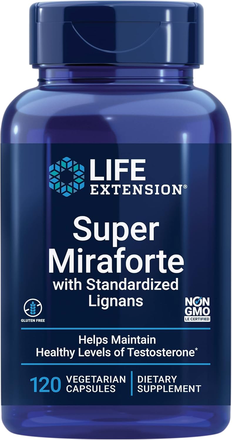 Life Extension Super Miraforte men's botanical supplement bottle, 120 capsules.