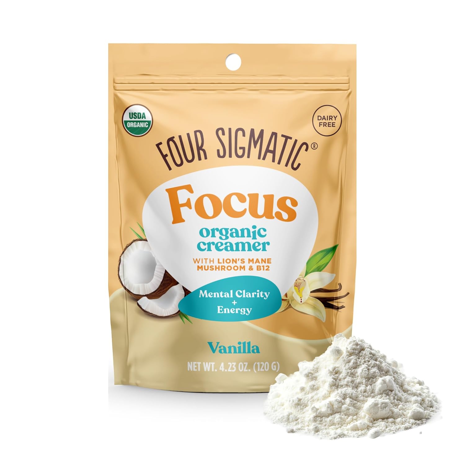 Four Sigmatic Focus Organic Creamer package with a small amount of creamer on a white background