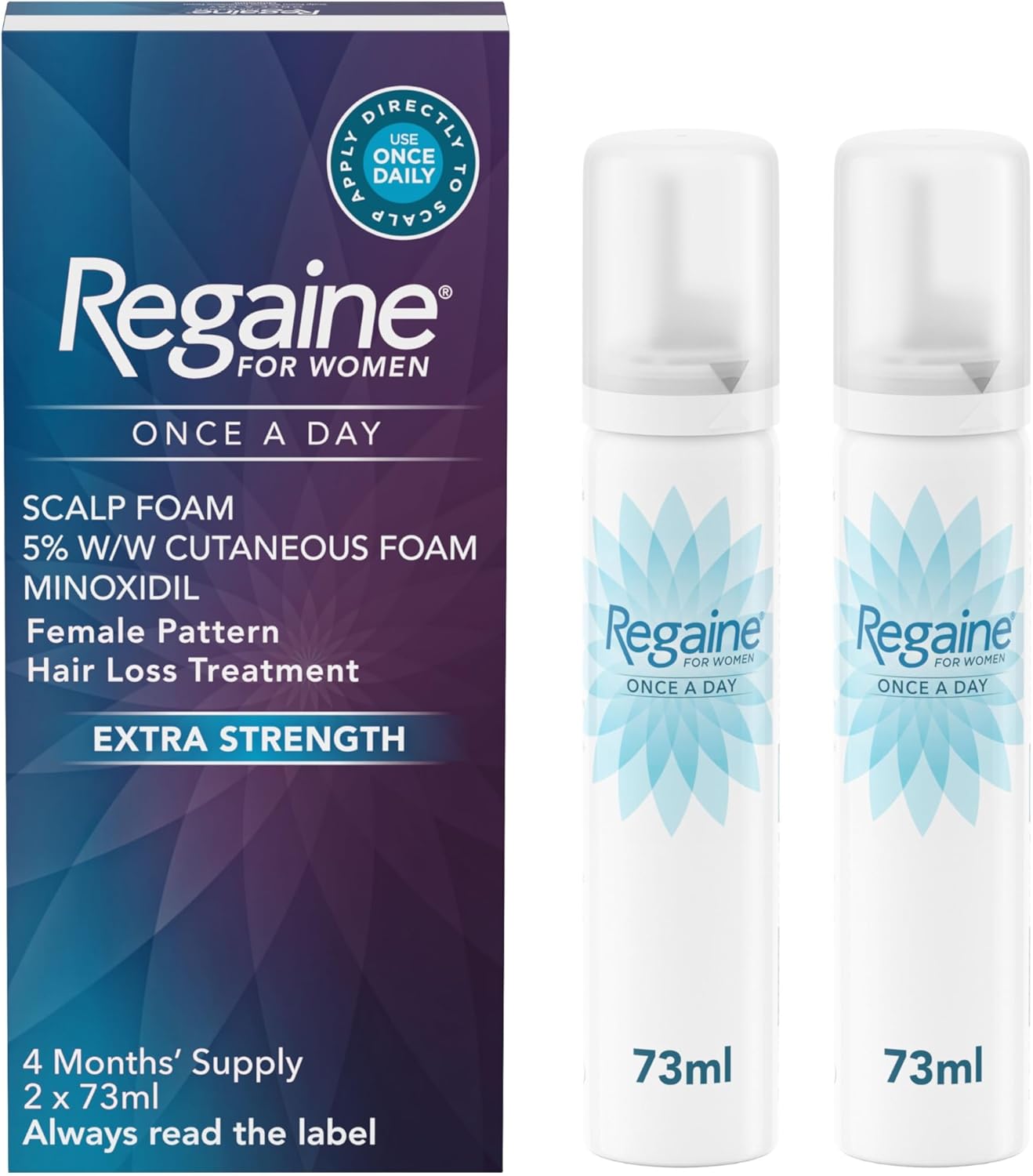 Regaine for women hair loss treatment packaging and bottles on a white background