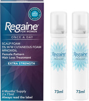 Regaine for women hair loss treatment packaging and bottles on a white background