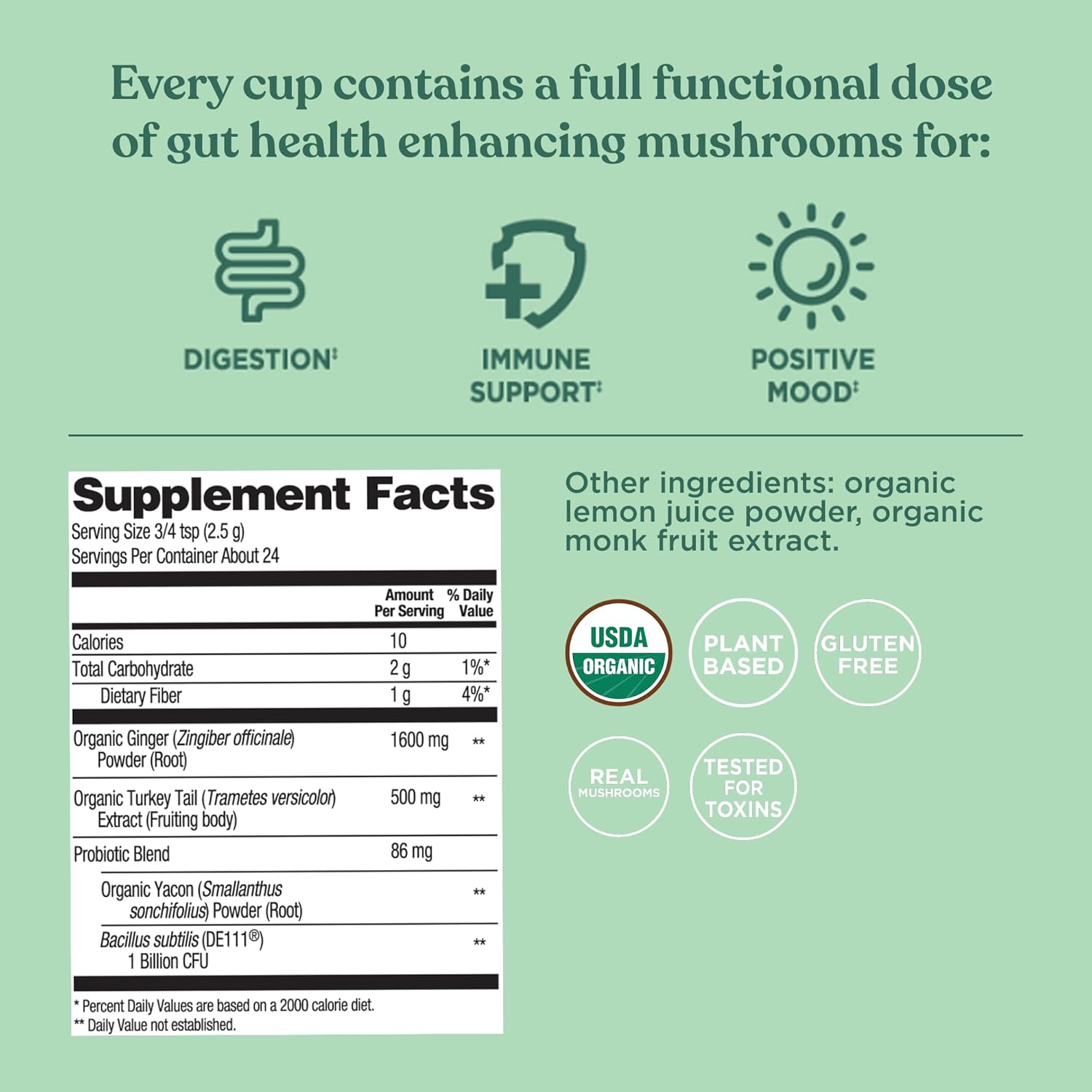 Supplement facts, ingredient list and directions on back of tea.
