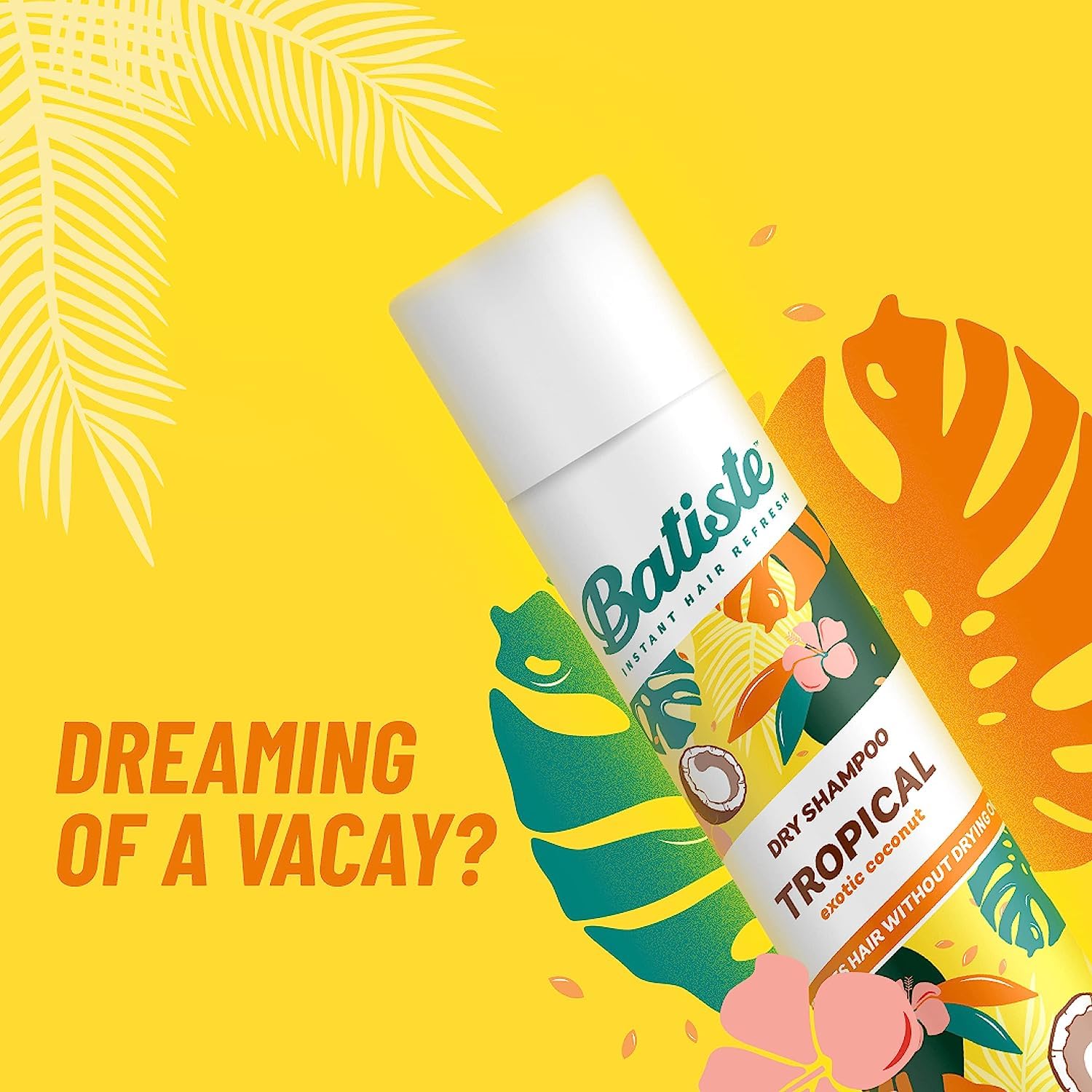Batiste Dry Shampoo Tropical Exotic Coconut 200ml can, tropical design on yellow background.