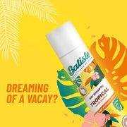 Batiste Dry Shampoo Tropical Exotic Coconut 200ml can, tropical design on yellow background.