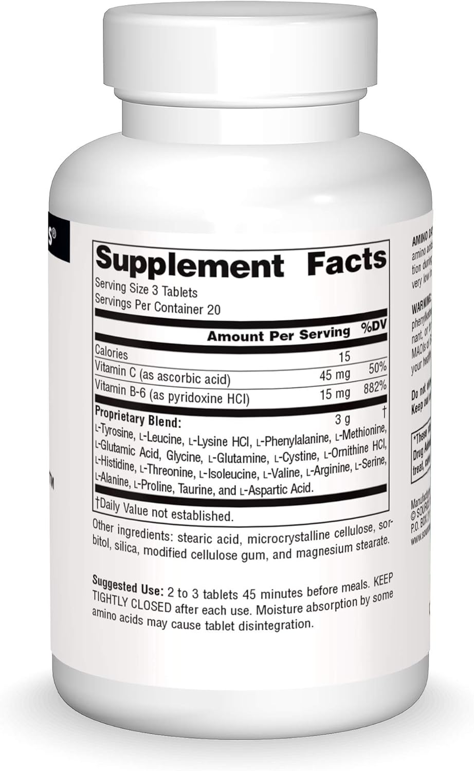 Supplement facts & ingredients image: Source Naturals Amino Day 1000mg free form amino acids tablets ingredient panel 60 count