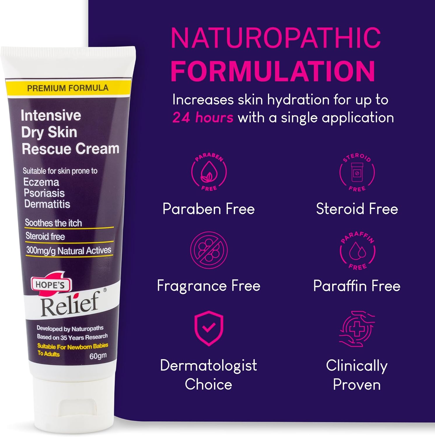 Tube of Intensive Dry Skin Rescue Cream with Naturopathic Formulation details on a purple background