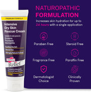 Tube of Intensive Dry Skin Rescue Cream with Naturopathic Formulation details on a purple background