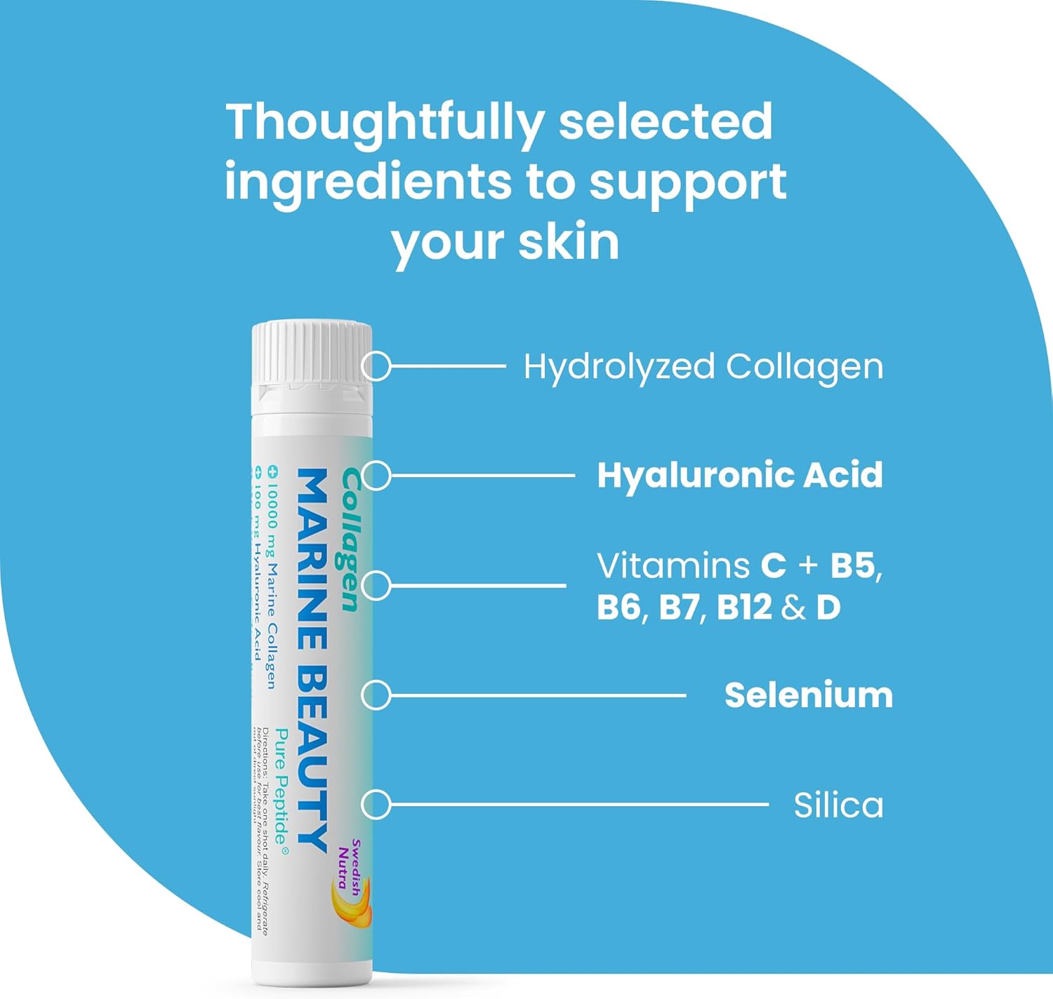 Supplement facts & ingredients image: Swedish Nutra collagen beauty shots supplement facts ingredients 20 x 25ml