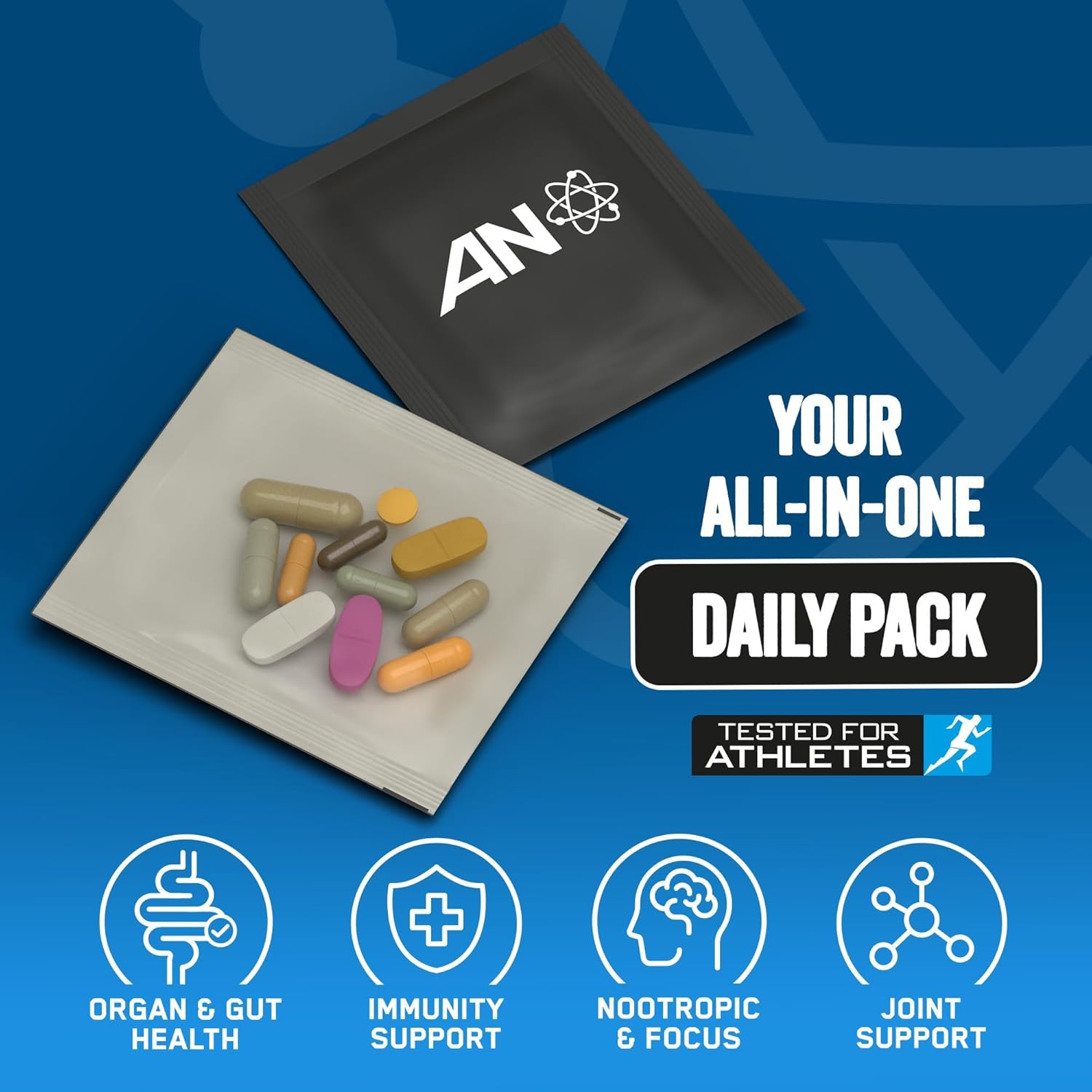 Supplement packaging with colorful capsules on a blue background, featuring the AN logo.