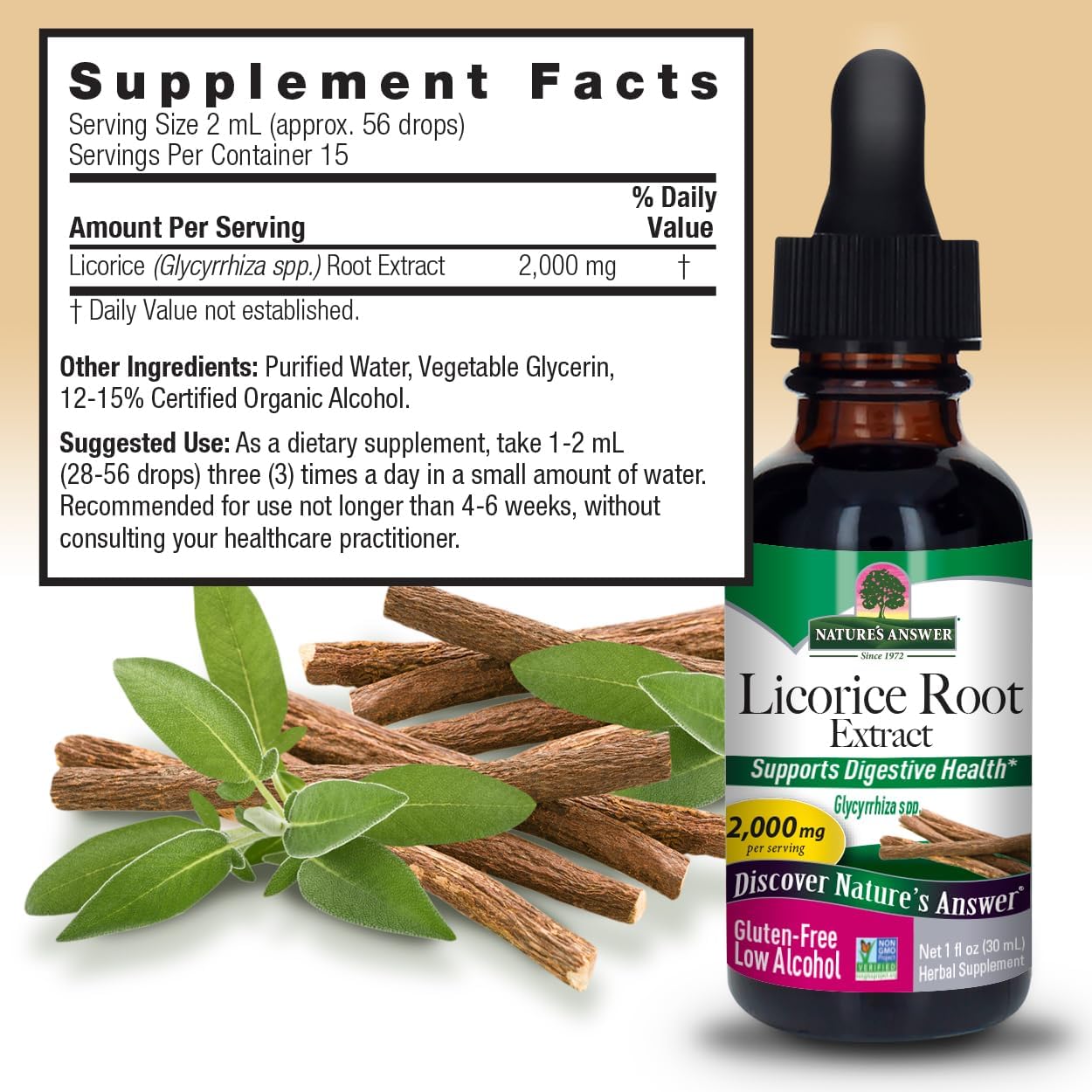 Nature's Answer Licorice Root Extract bottle with supplement facts label and licorice roots on a beige background