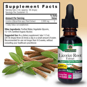 Nature's Answer Licorice Root Extract bottle with supplement facts label and licorice roots on a beige background