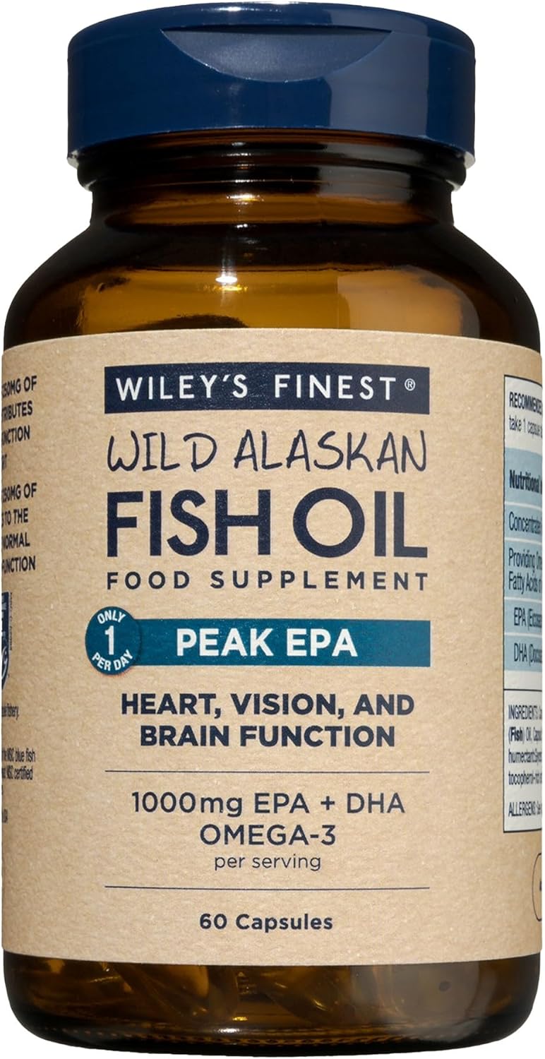 Front image: Wiley’s Finest Peak EPA wild alaskan fish oil capsules bottle 60 count