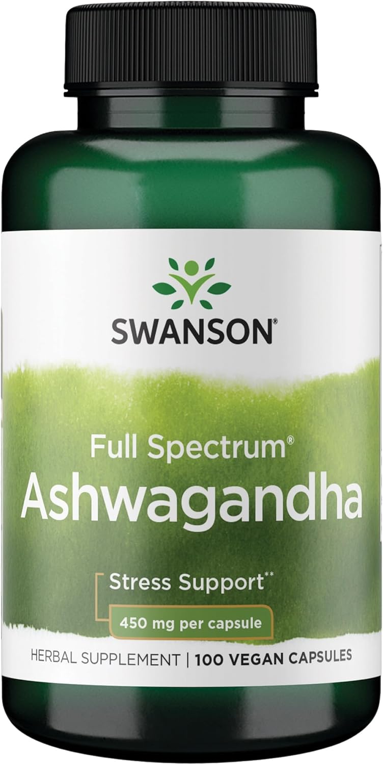 Swanson Full Spectrum Ashwagandha supplement bottle on a white background