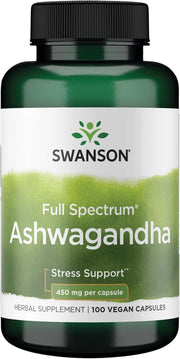 Swanson Full Spectrum Ashwagandha supplement bottle on a white background