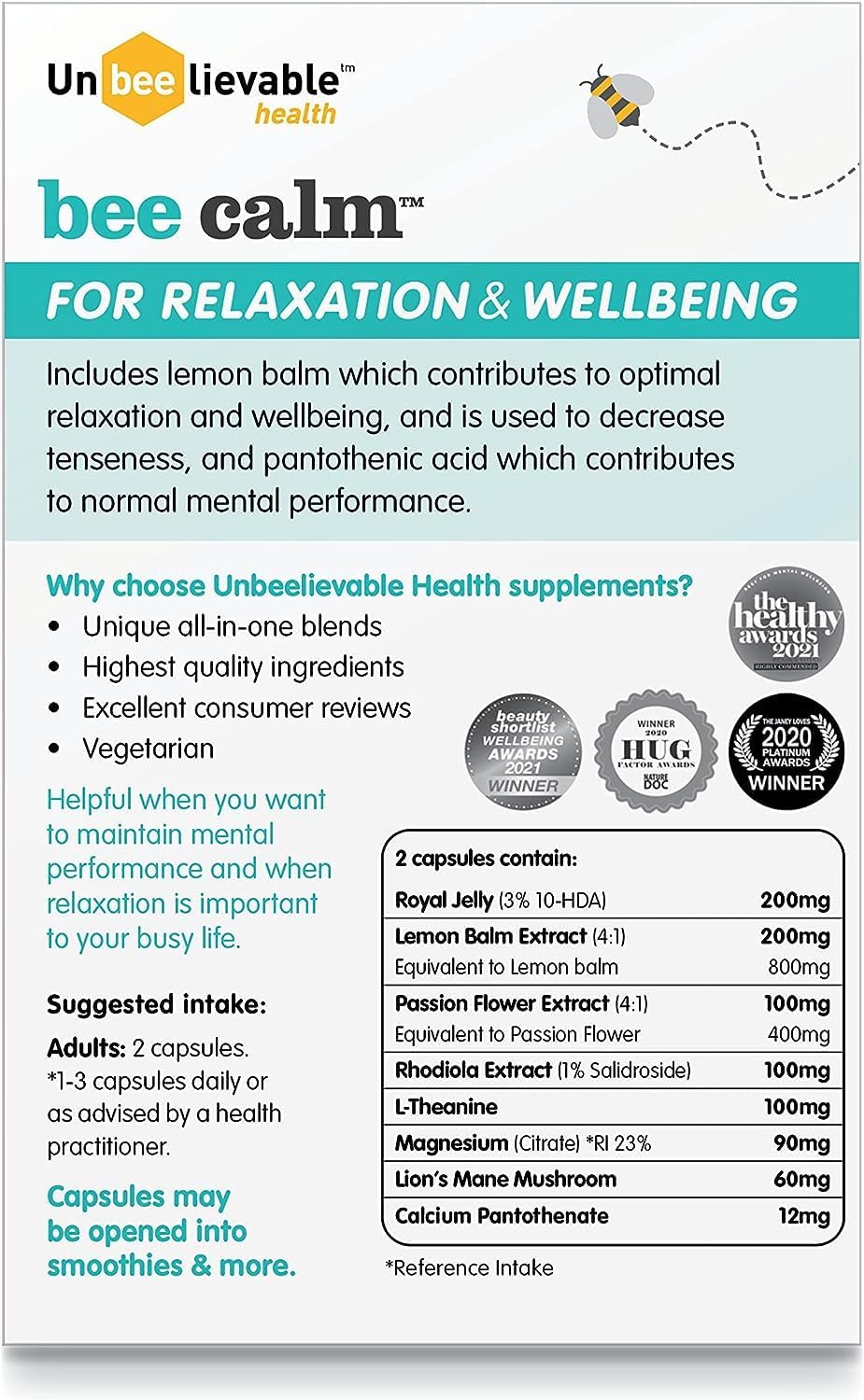 Back of Bee Calm bottle showing supplement facts and ingredients list.