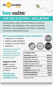 Back of Bee Calm bottle showing supplement facts and ingredients list.