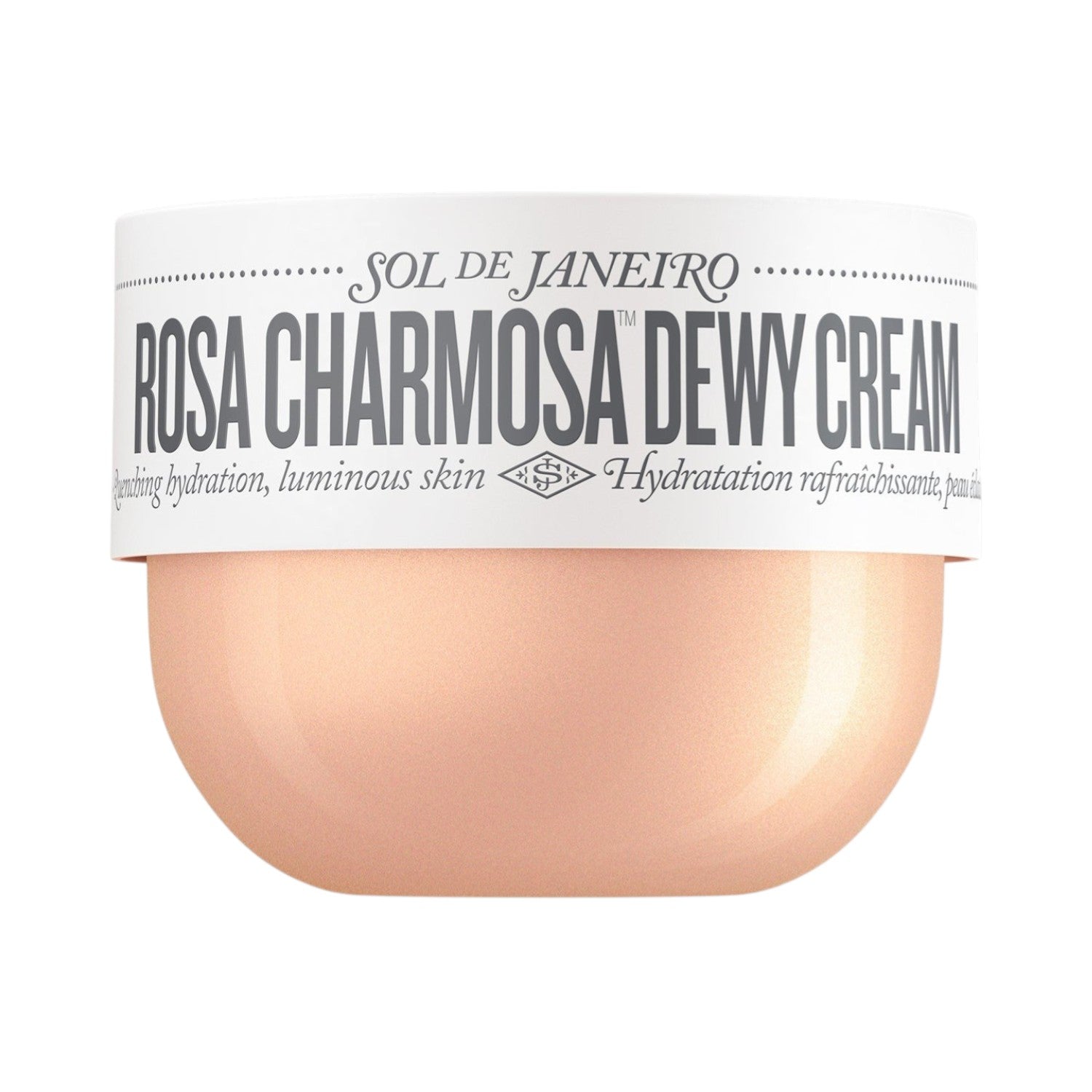 Front image: Sol de Janeiro Rosa Charmosa dewy body cream tub Cheirosa 91 fragrance 240ml single pack