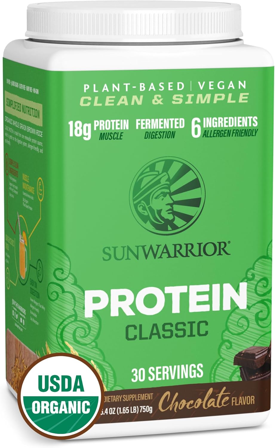Sunwarrior Organic Brown Rice Protein Powder tub, chocolate flavour 750g