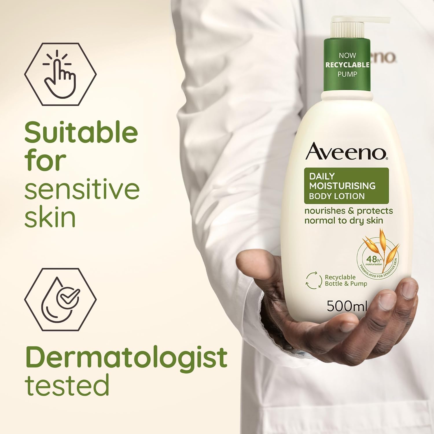 Aveeno Daily Moisturising Body Lotion pump bottle, 500ml, fragrance-free for sensitive skin.