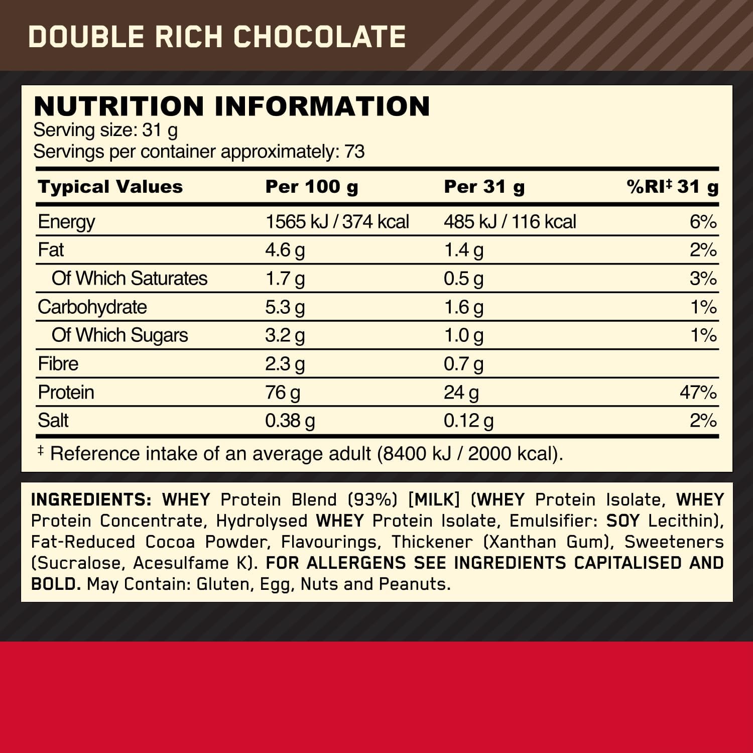 Nutrition information label for double rich chocolate product