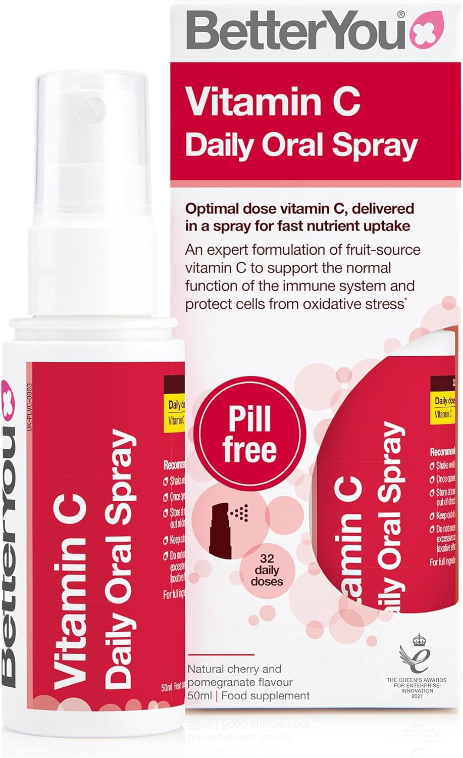BetterYou Vitamin C Oral Spray bottle & box, cherry pomegranate, 50ml.
