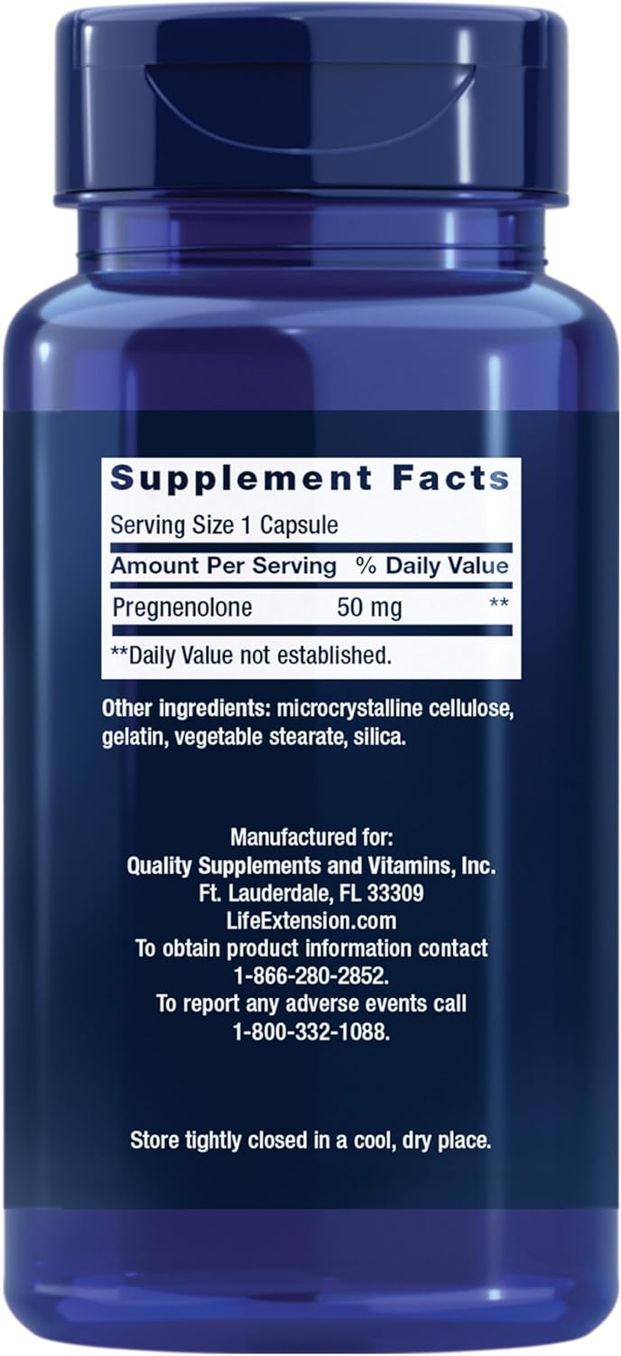 Supplement facts label for Life Extension Pregnenolone showing 50mg dosage.