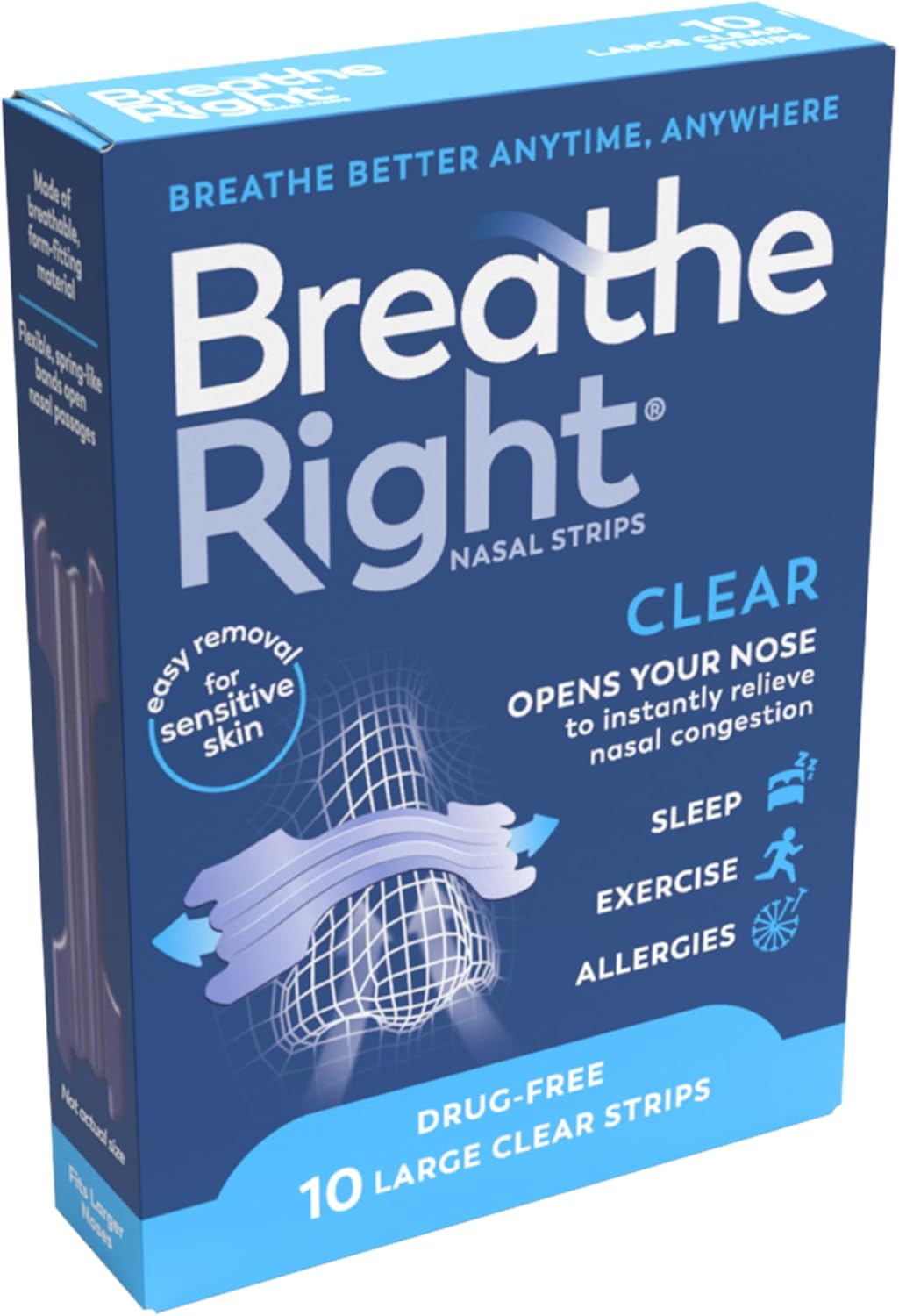 Breathe Right Clear Nasal Strips package, Large size, 10 count, on white background.