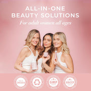 Three women holding beauty products with 'All-in-One Beauty Solutions' text on a pink background