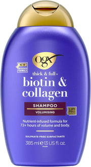 OGX Thick and Full Biotin and Collagen Shampoo 385ml front bottle on white background