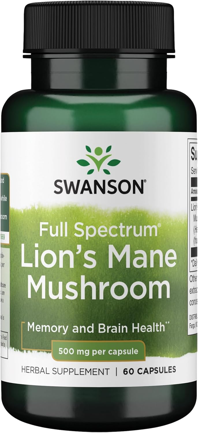 Swanson Full Spectrum Lion's Mane Mushroom supplement bottle on a white background