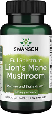 Swanson Full Spectrum Lion's Mane Mushroom supplement bottle on a white background