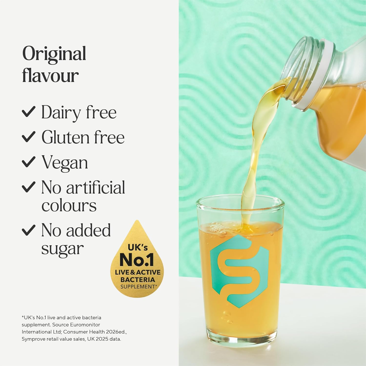 Symprove Liquid Probiotic Original Flavour 4 x 500ml probiotic drink pouring dairy free gluten free vegan