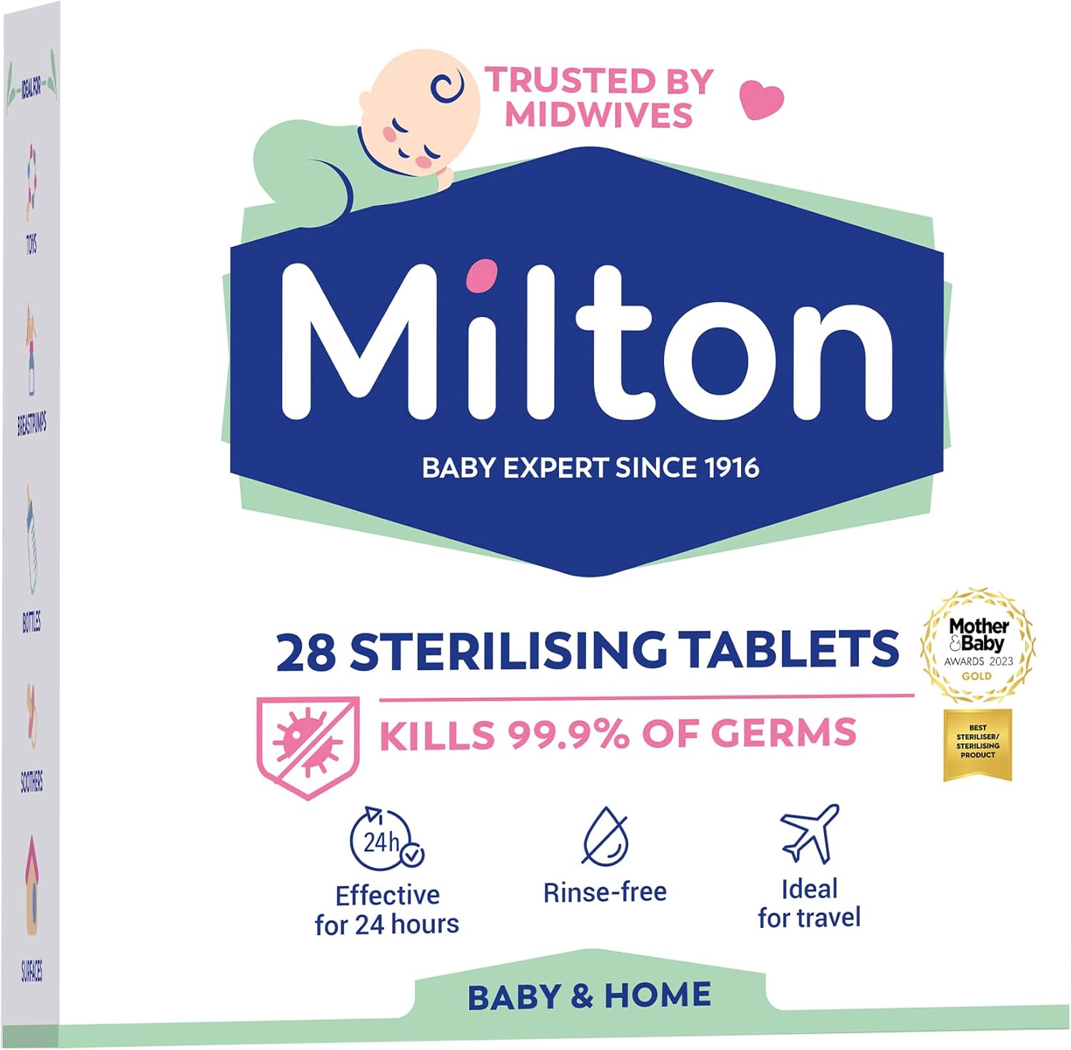 Box of Milton Baby 28 Sterilising Tablets by Welari on a white 