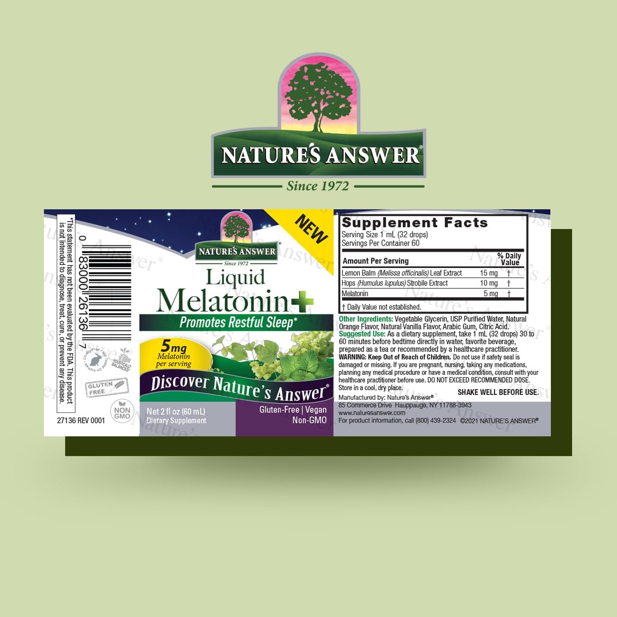 Natures Answer Liquid Melatonin supplement label on a light green background