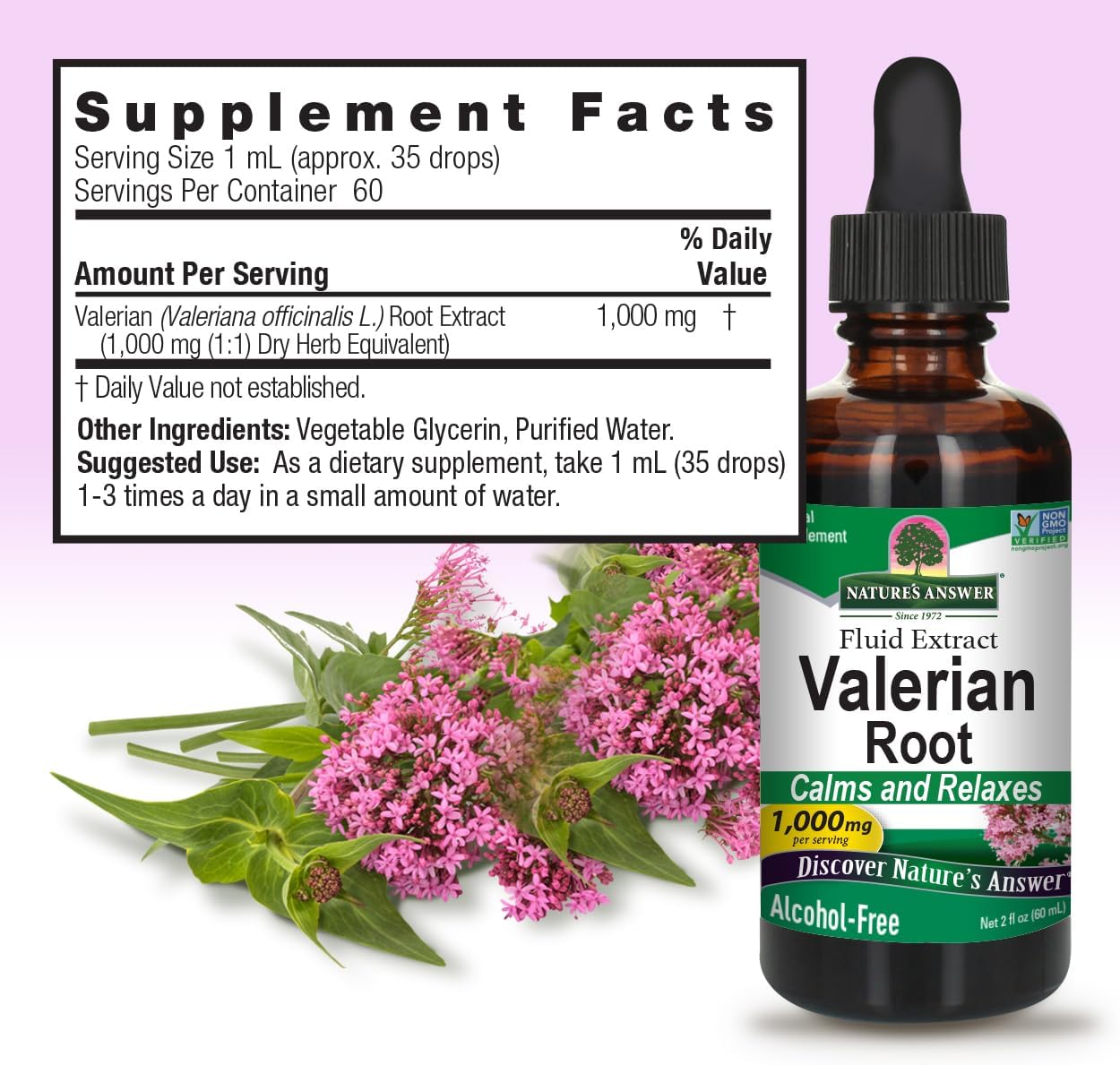 Valerian root supplement bottle with flowers and supplement facts label on a pink background