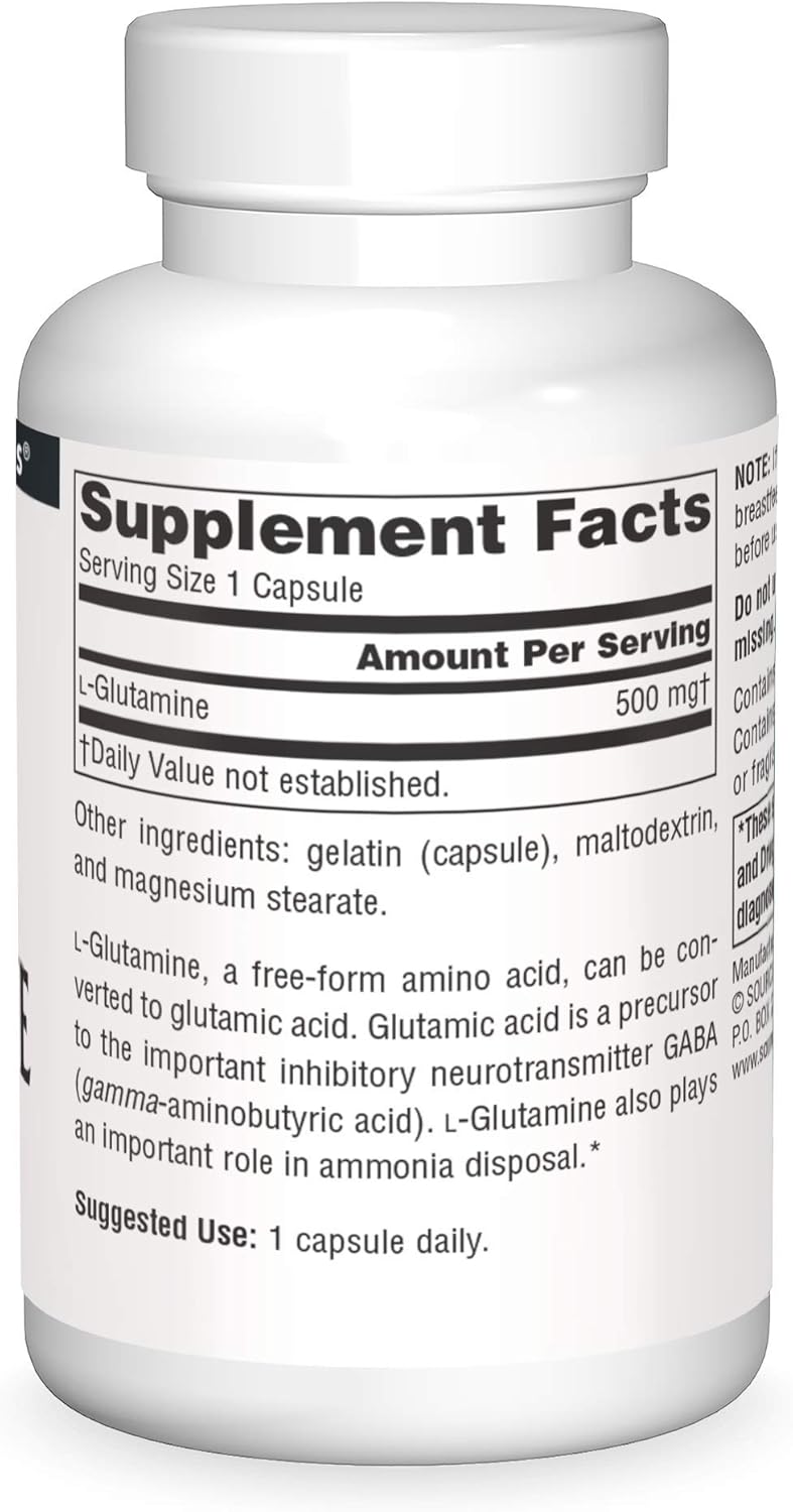Supplement facts & ingredients image: Source Naturals L-Glutamine 500mg free form capsules ingredient panel 50 count
