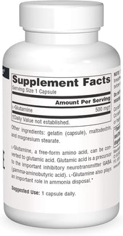 Supplement facts & ingredients image: Source Naturals L-Glutamine 500mg free form capsules ingredient panel 50 count