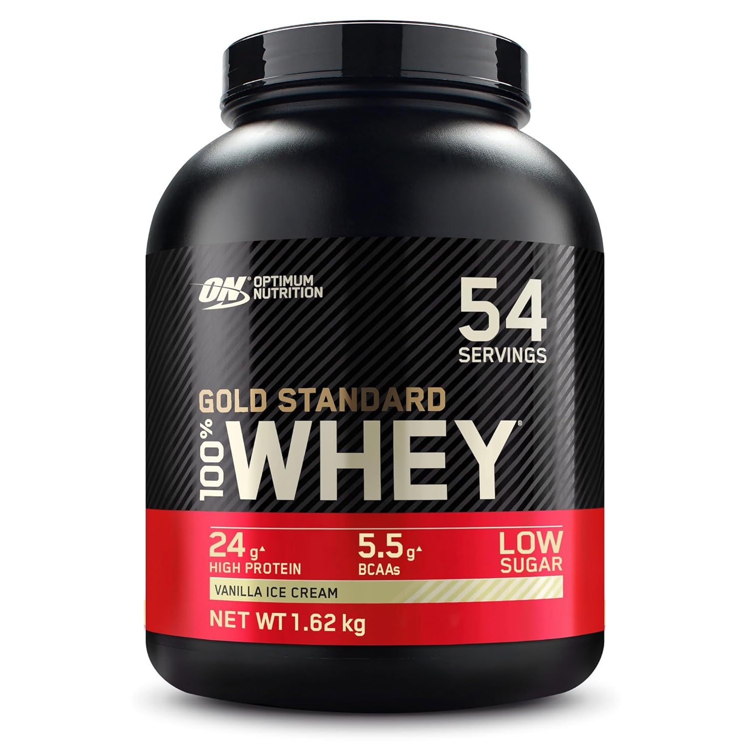 Optimum Nutrition Gold Standard 100% Whey protein powder container on a white background