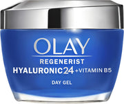 Olay Regenerist Hyaluronic Gel Moisturiser in a refillable glass jar, 50ml.