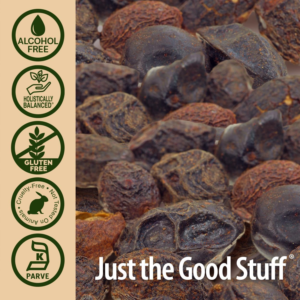 Dried fruits with 'Just the Good Stuff' brand and certification logos on a beige background