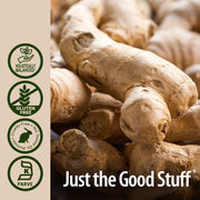 Close-up of ginger roots with 'Just the Good Stuff' branding and certification logos on the left.